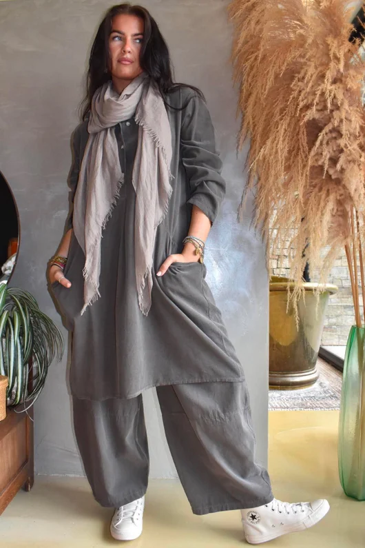 Arbi Needlecord Pop Over Shirt Dress Earth
